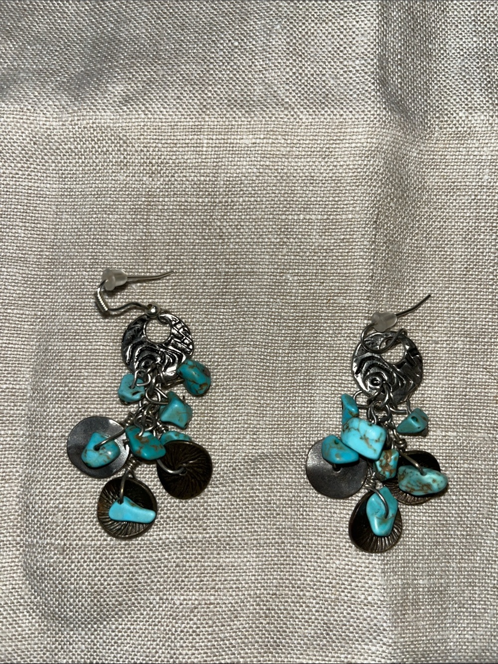 Chico's Turquoise Chip Dangle Earrings with Silver and bronze disks.